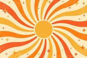 Retro sun background with pattern of groovy rays. Sunburst abstract poster with wavy psychedelic design. Vintage summer textured radial beams. Circular hypnotic vortex vector