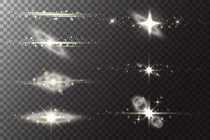 Star with light flare glow. Shiny sparkles with glitter and flashes. Golden glare. Yellow magic twinkles with blurred magic lens flare v vector