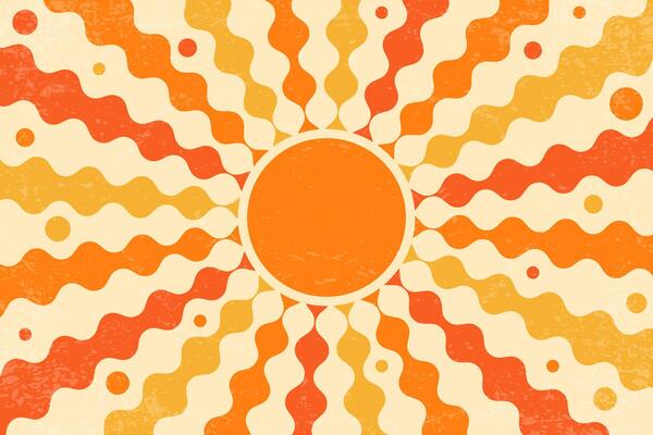 Groovy sun with swirl rays. Retro spiral beams pattern. Abstract 70s vintage poster. Summer radial wavy stripes. Orange and yellow textured sunburst wallpaper.