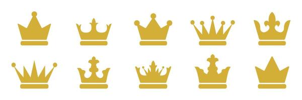 A set of crowns with different shapes and sizes. The crowns are all gold and are arranged in a row vector