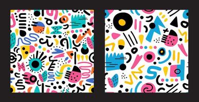 Set of bright abstract modern seamless patterns in memphis and doodle style. Design for wrapping, backgrounds, printing on fabric and textile in extravagant style, for children and holidays vector