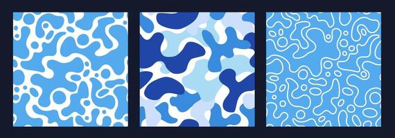 Set of blue abstract modern seamless patterns in water, liquid and stain style. Design for wrapping, backgrounds, printing on fabric and textile in minimalist style, for summer and holidays vector