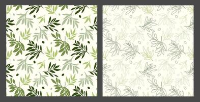 Set of seamless patterns with olive branches on a green background. Design template for wrapping, advertising olive oil, textiles and fabric. Eco-friendly and natural style. vector