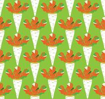 a pattern with carrots and leaves on a green background vector