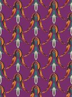 a pattern with colorful feathers on a purple background vector