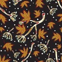 a pattern with ,leaves and berries on a black background vector