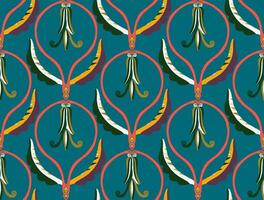 a pattern with colorful leaves and feathers vector