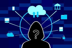 Silhouette of Anonymous Hacker with Digital Icons Representing Cybersecurity Threats, Cloud Hacking, and Data Breach in a Tech Background Concept Illustration. vector