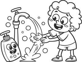 A fun and black illustration of a child washing hands with soap under running water vector