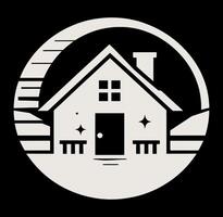 A black and white logo of a house with a moon in the background vector