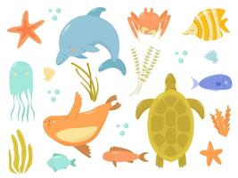 A set of elements with underwater inhabitants of the sea and ocean vector