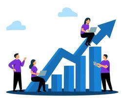 Business team analyzing data and working on laptops with growing bar chart and upward arrow. Concept of financial growth, success, and teamwork in digital business vector