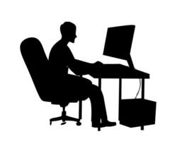 Silhouette of a man sitting on an office chair and working on a computer at a desk. The person is facing a monitor with a CPU unit placed underneath the desk. vector