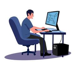 illustration of a young man sitting at a desk playing a game on a computer. Flat design style. Concept of online gaming, leisure, or remote activity vector