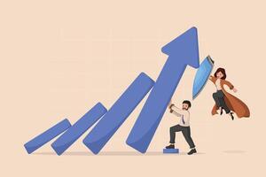 Teamwork to Prevent Business Decline and Achieve Growth Business People Supporting Falling Arrow Chart. vector