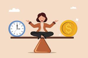 Concept Illustration of Work-Life Balance with Clock and Dollar Coin on a Scale. vector