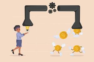 African American Woman Generating Wealth from Ideas A Light Bulb Transforms Through Gears into Flowing Dollar Coins, Illustrating Innovation and Financial Success. vector