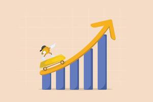 Riding the Wave of Success Cartoon Coin on a Gold Bar Trolley Ascending a Growing Business Chart with an Upward Arrow. vector