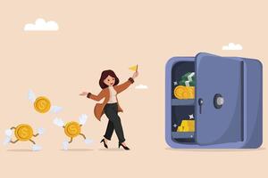businesswoman Waving a Flag, Drawing Animated Money into a Secure Vault Containing Various Forms of Wealth. vector