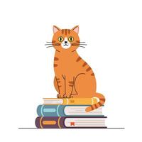 Orange tabby cat sitting on colorful stacked books in flat art vector
