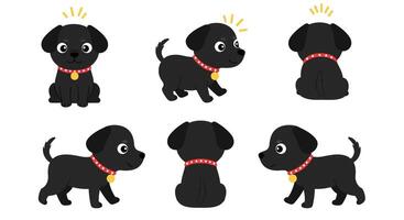 Cute black dog character in flat style with collar showcasing playful expressions art vector