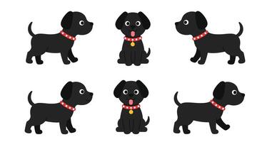 Playful black dog characters in flat design style showcasing different poses illustration vector
