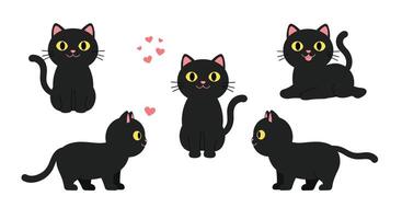 Black cat character animation flat illustration with playful expressions and heart motifs vector