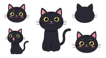 Black cat character design in flat style showcasing various poses and expressions art vector
