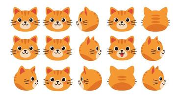 Cute orange cat faces in flat design with various expressions and angles illustration vector