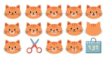 Cute orange cat faces in flat design style with playful expressions illustration vector
