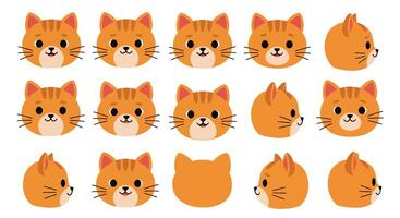 Cute orange cat faces in flat design showcasing various expressions and angles art vector