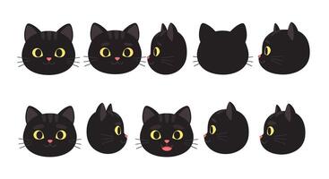 Black cat character expressions in flat art showcasing playful and curious emotions vector