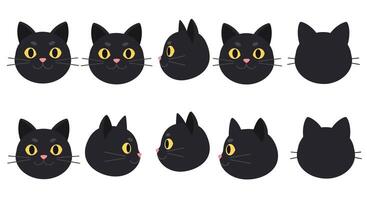Black cat character design in flat style showcasing expressions in illustration vector