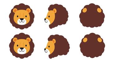 Lion character design in flat style showcasing different facial expressions and angles in art vector