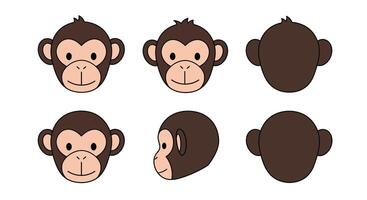 Cute monkey character design with flat style showcasing various angles in art vector