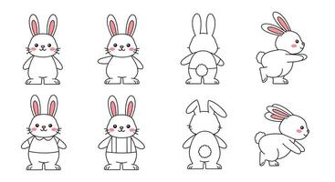 Cute rabbit character design in flat style showcasing various poses in vibrant illustration vector