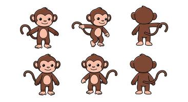 Cute brown monkey character design in minimal style showcasing various poses illustration vector