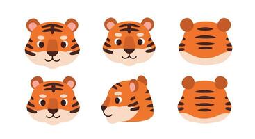 Cute tiger faces in flat design style with different angles illustration vector