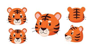 Cute tiger face variations in flat design style illustration vector