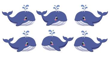 Cute cartoon whales in playful poses with flat design style illustration vector