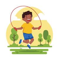 Happy child jumping rope in a playful scene featuring flat art vector