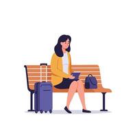 Woman sitting on a bench with suitcase in a minimal illustration vector