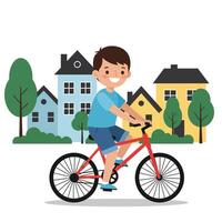 Boy riding bicycle in colorful neighborhood with flat design art vector