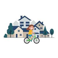 Child riding a bicycle in a suburban setting, flat design illustration vector