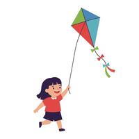 Boy happily running and while flying a colorful kite in flat art vector