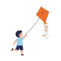 Boy happily running while flying a colorful kite in flat art vector