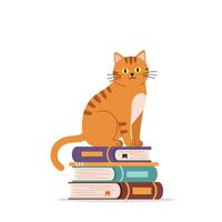 Orange cat sitting on a stack of colorful books in flat art vector