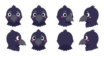 Cute cartoon crow character in flat style showcasing different facial expressions art vector