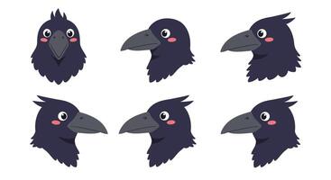 Cute raven character design in flat style showcasing multiple expressions illustration vector