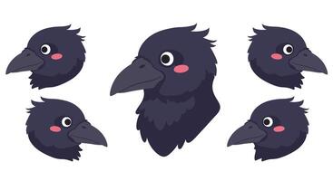 Crow head illustrations in flat style showcasing different expressions in art vector